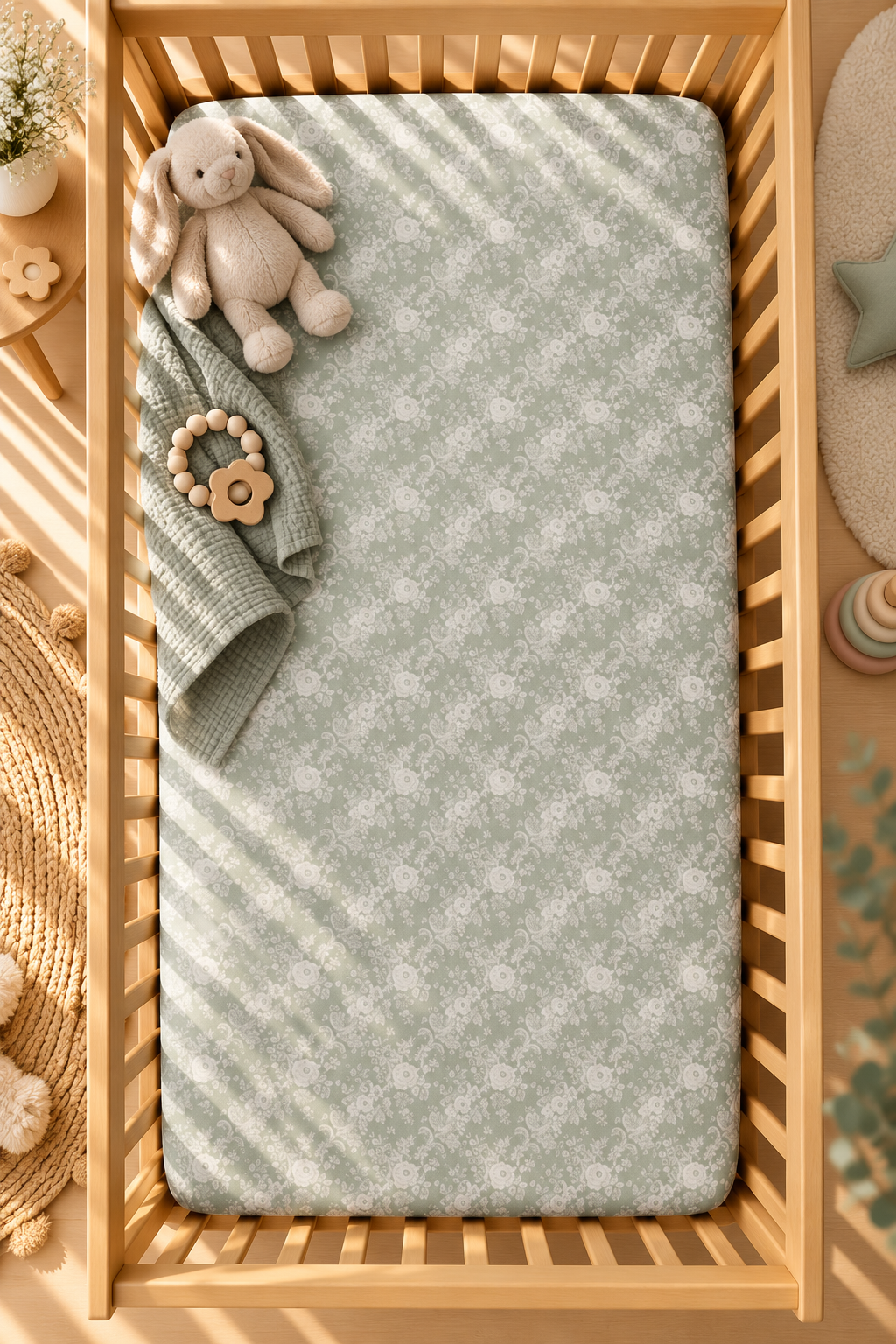 Sage Lace Floral Crib Sheet seen from above in a wooden crib