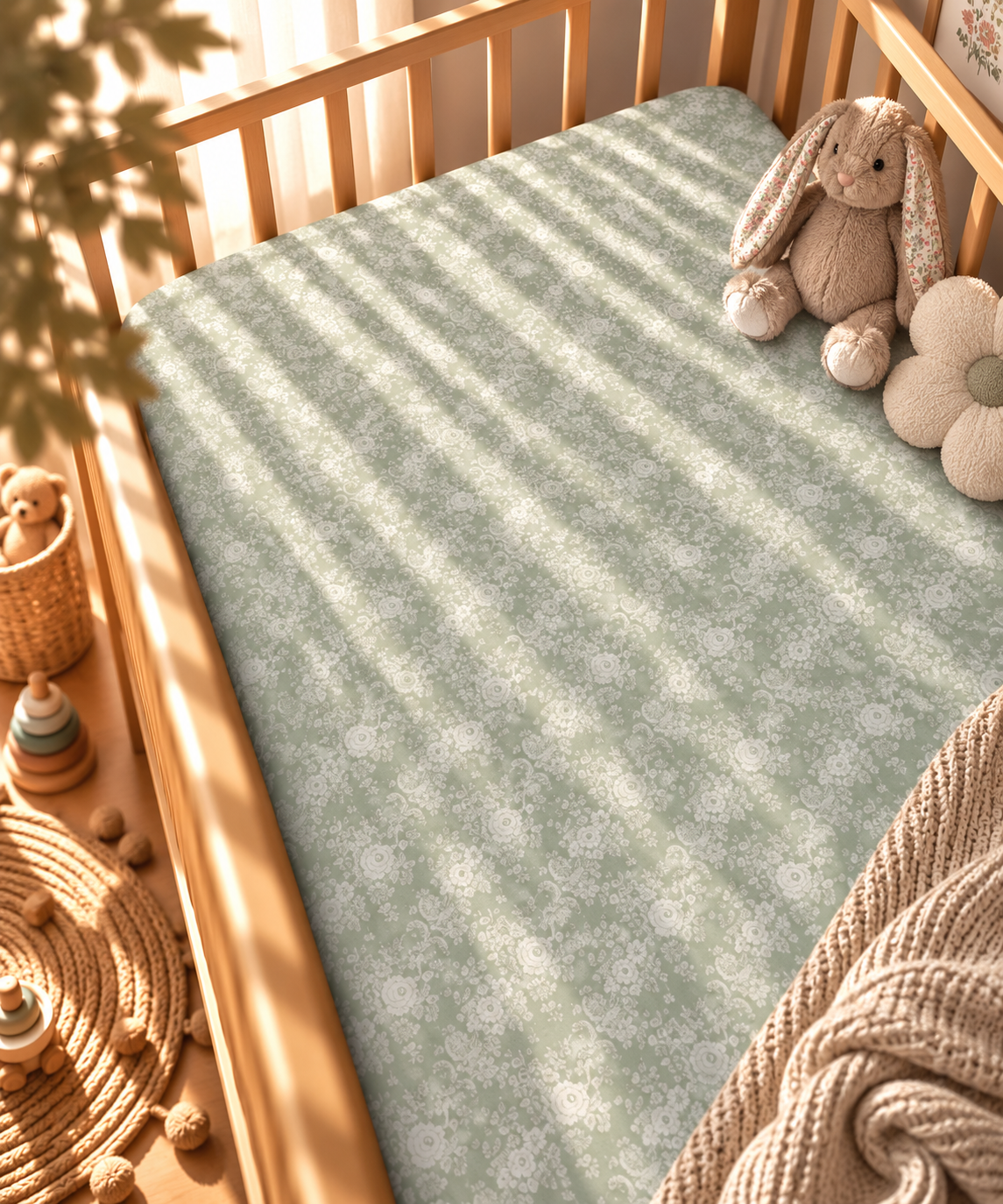 Sage Lace Floral Crib Sheet fitted in a wooden crib with a plush toy