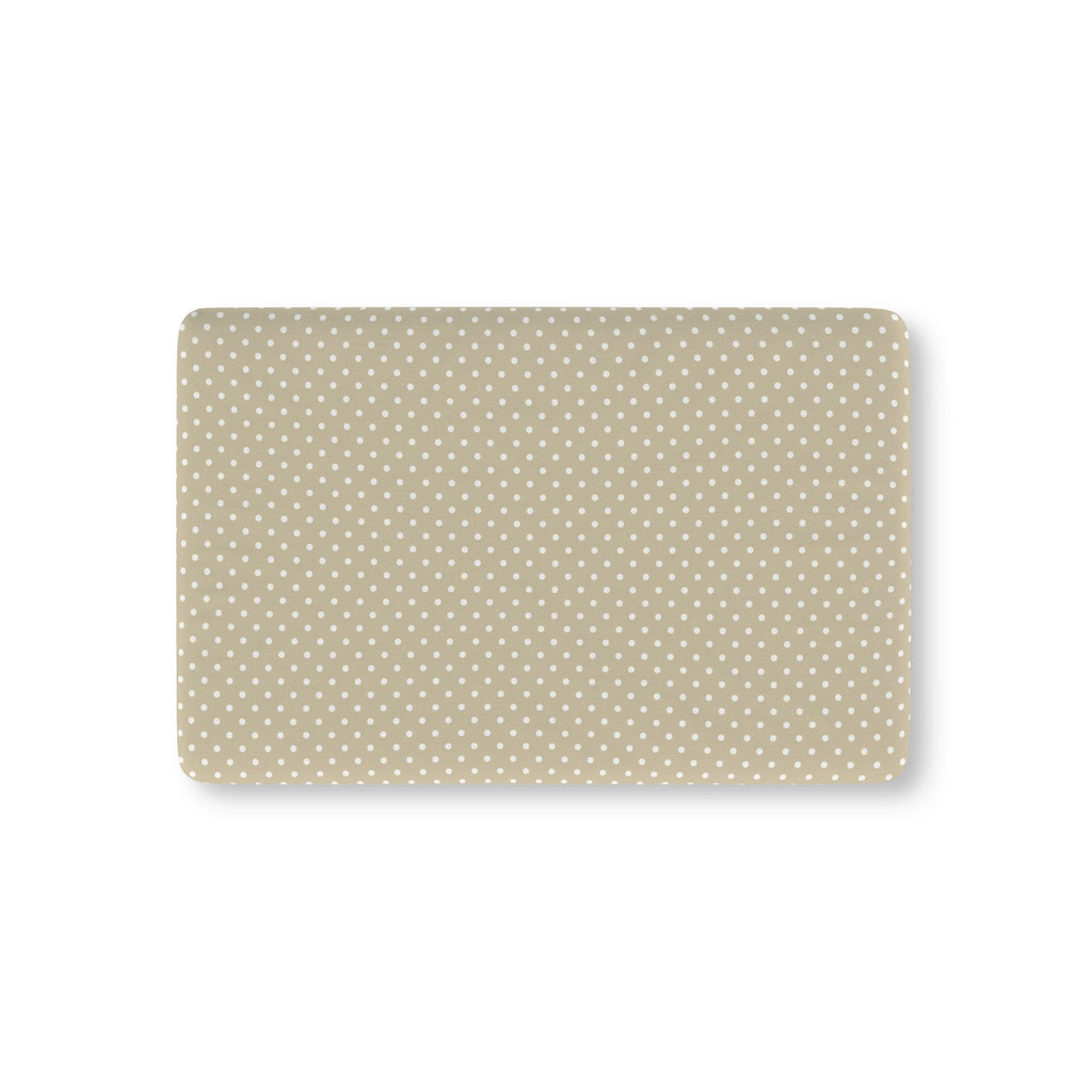 Sage Polka Dot Crib Sheet laid flat in Mini size with white dots on sage