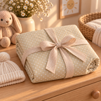 Sage Polka Dot Crib Sheet folded and tied with a ribbon as a gift