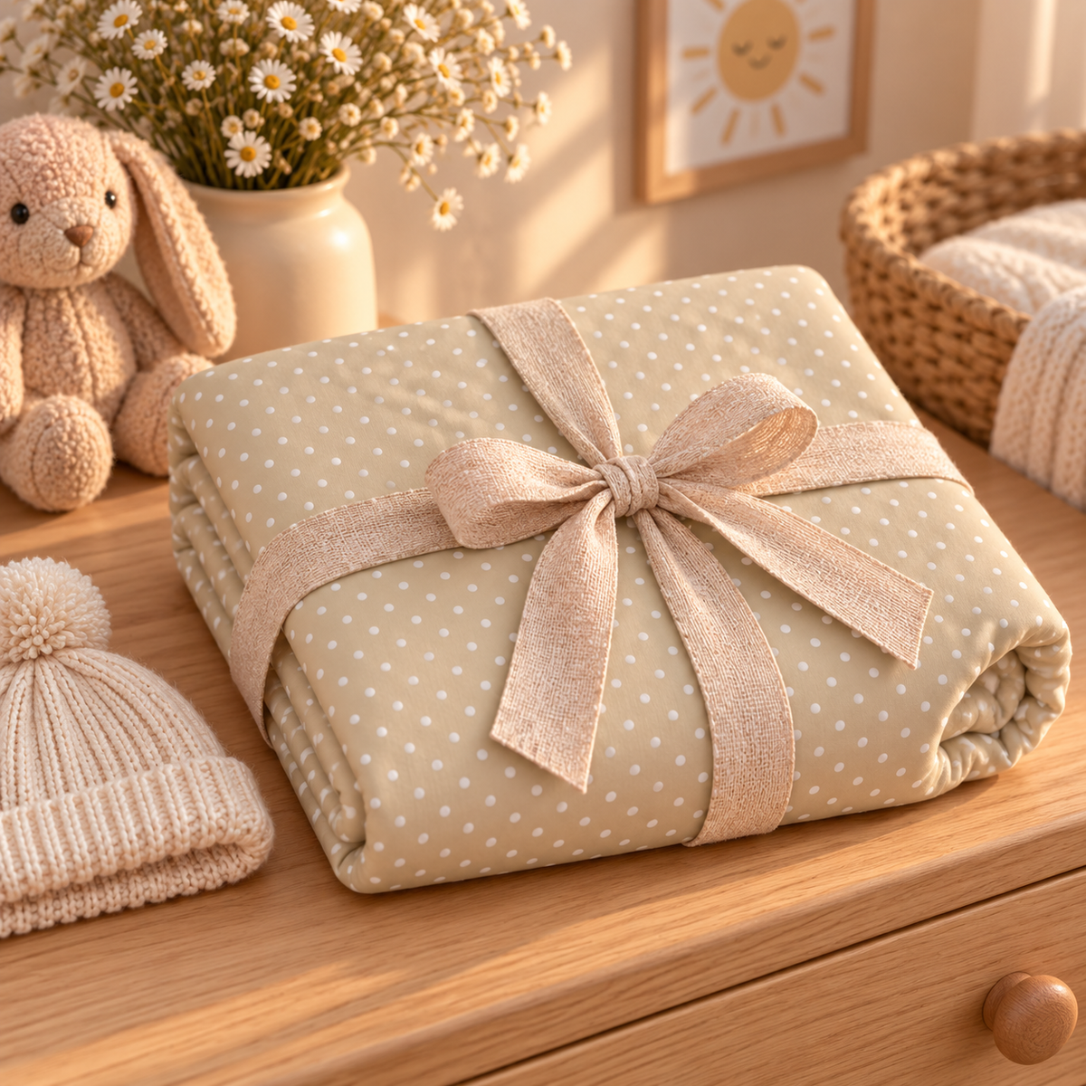 Sage Polka Dot Crib Sheet folded and tied with a ribbon as a gift