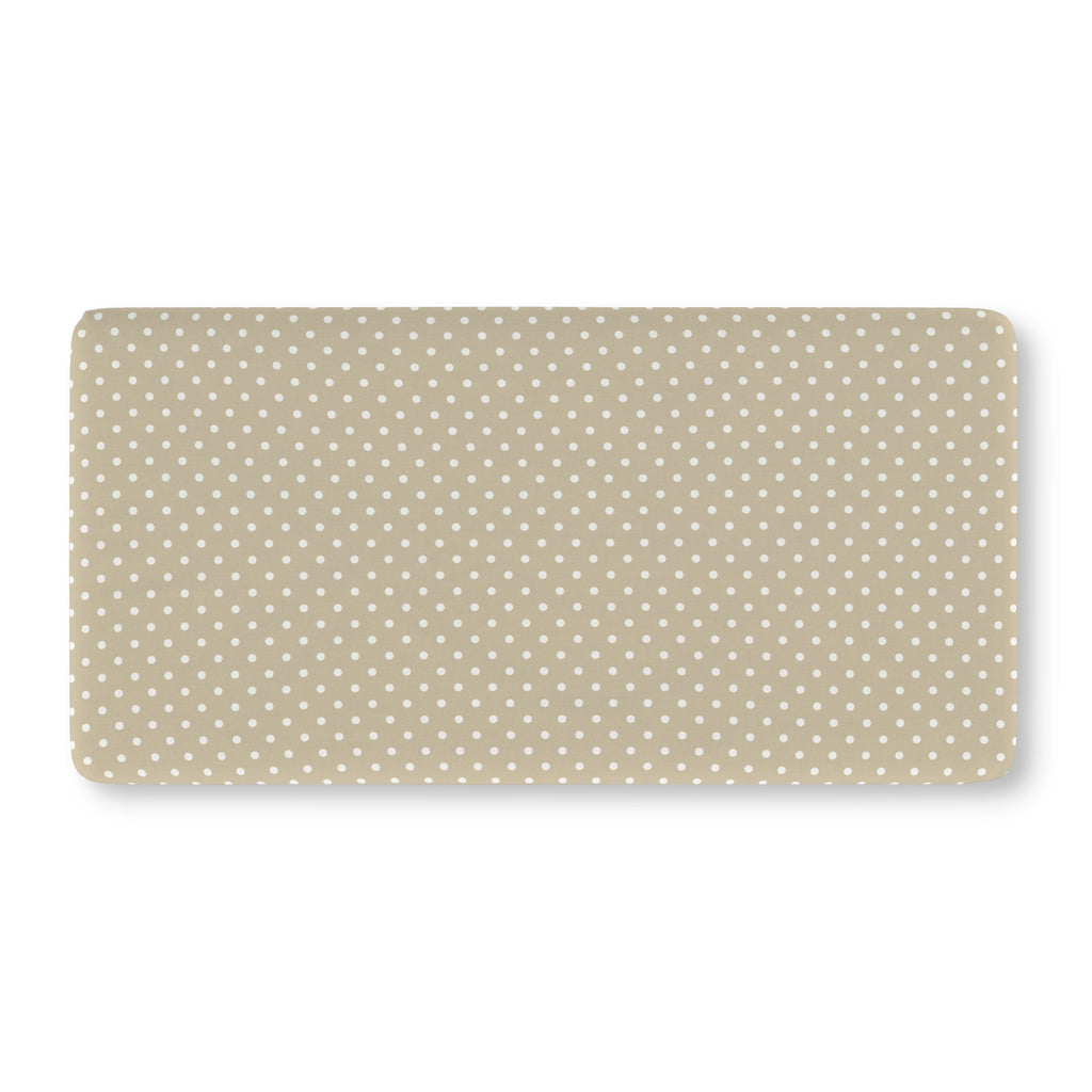 Sage Polka Dot Crib Sheet laid flat in Standard size with white dots on sage