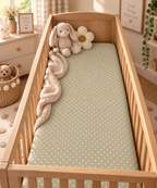 Sage Polka Dot Crib Sheet on a wooden crib mattress in a neutral nursery