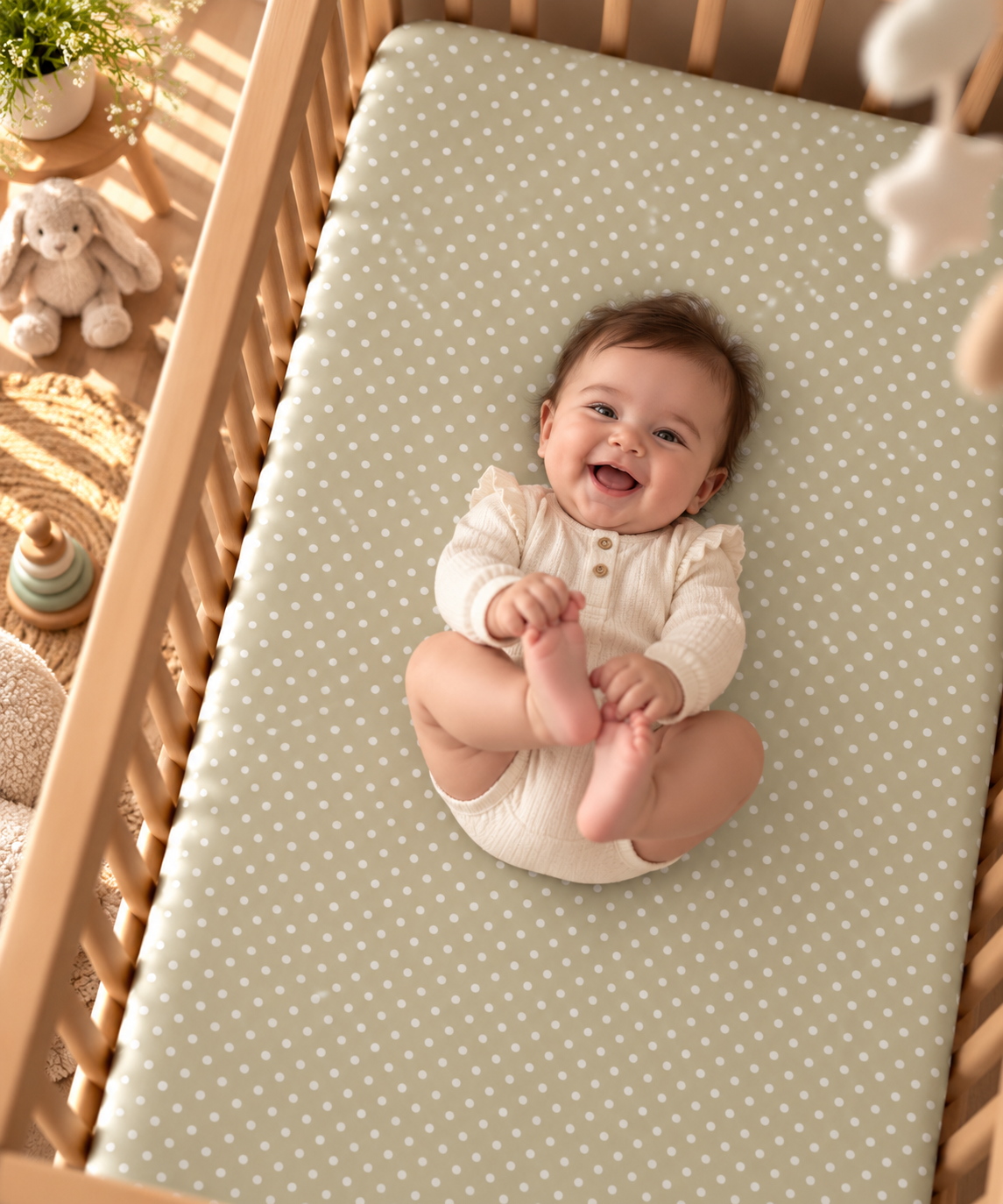 Smiling baby lying on the Sage Polka Dot Crib Sheet