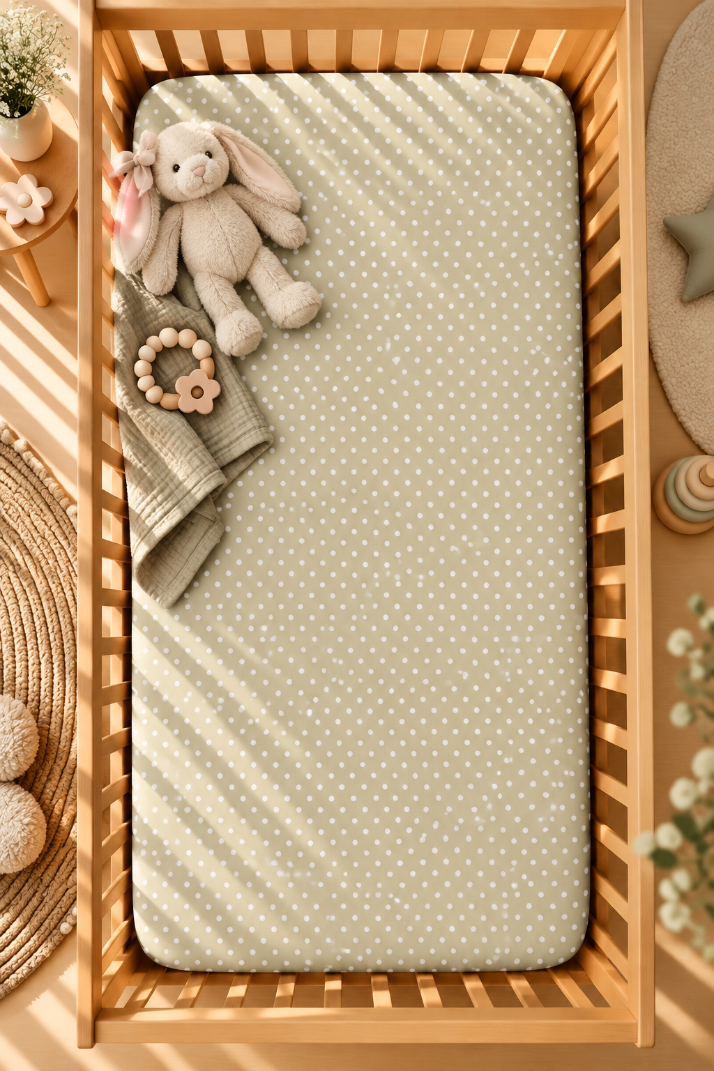 Sage Polka Dot Crib Sheet seen from above in a wooden crib