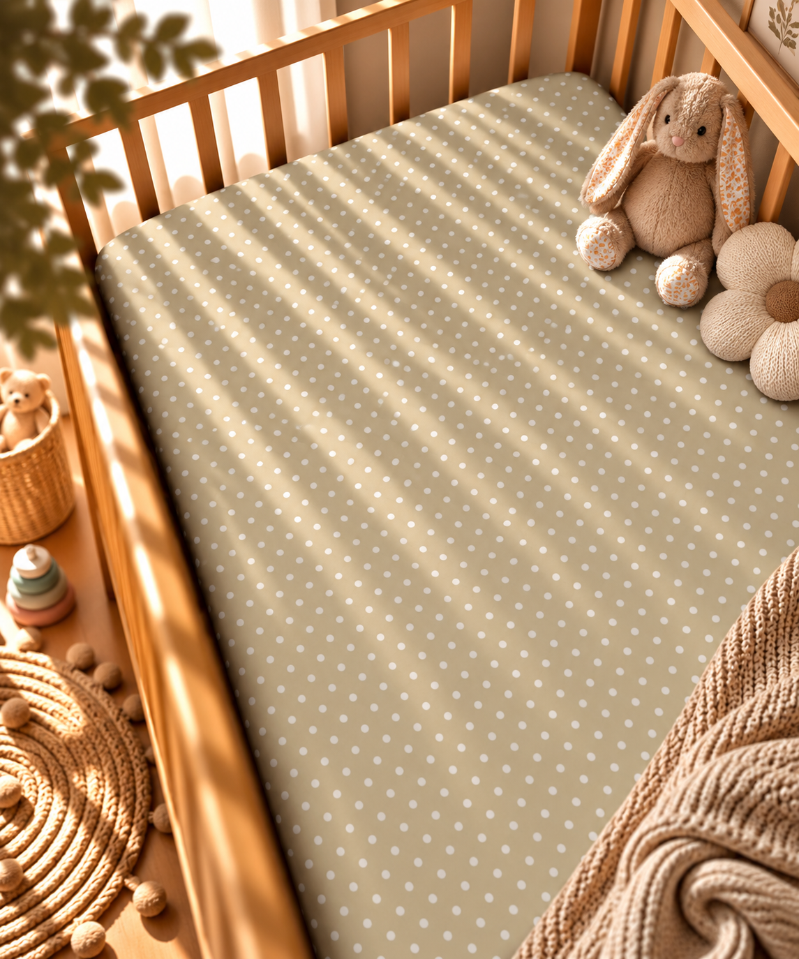 Sage Polka Dot Crib Sheet fitted in a wooden crib with a plush toy