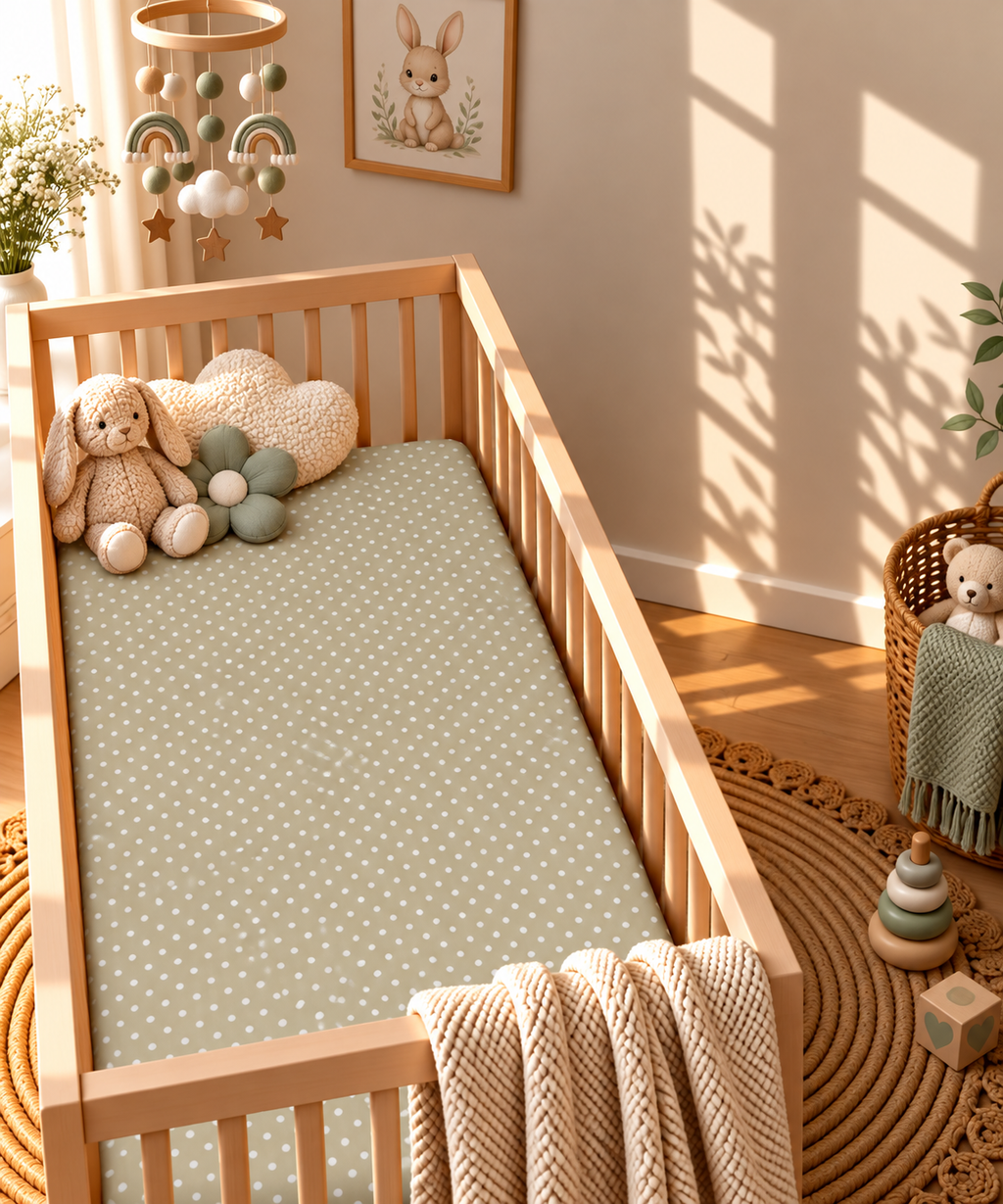 Sage Polka Dot Crib Sheet in a wooden crib in a sunlit nursery