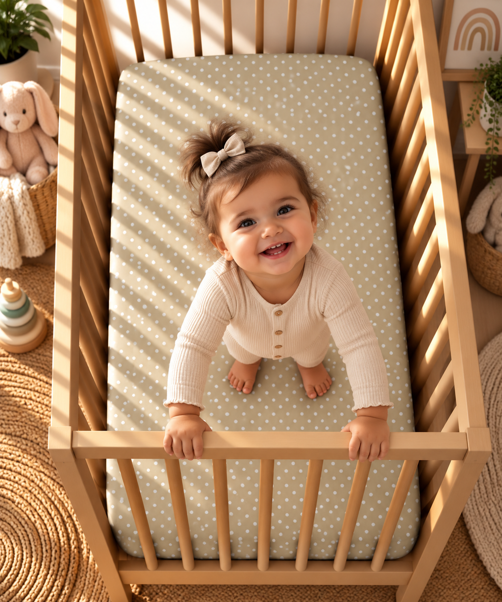 Toddler standing in a crib fitted with the Sage Polka Dot Crib Sheet