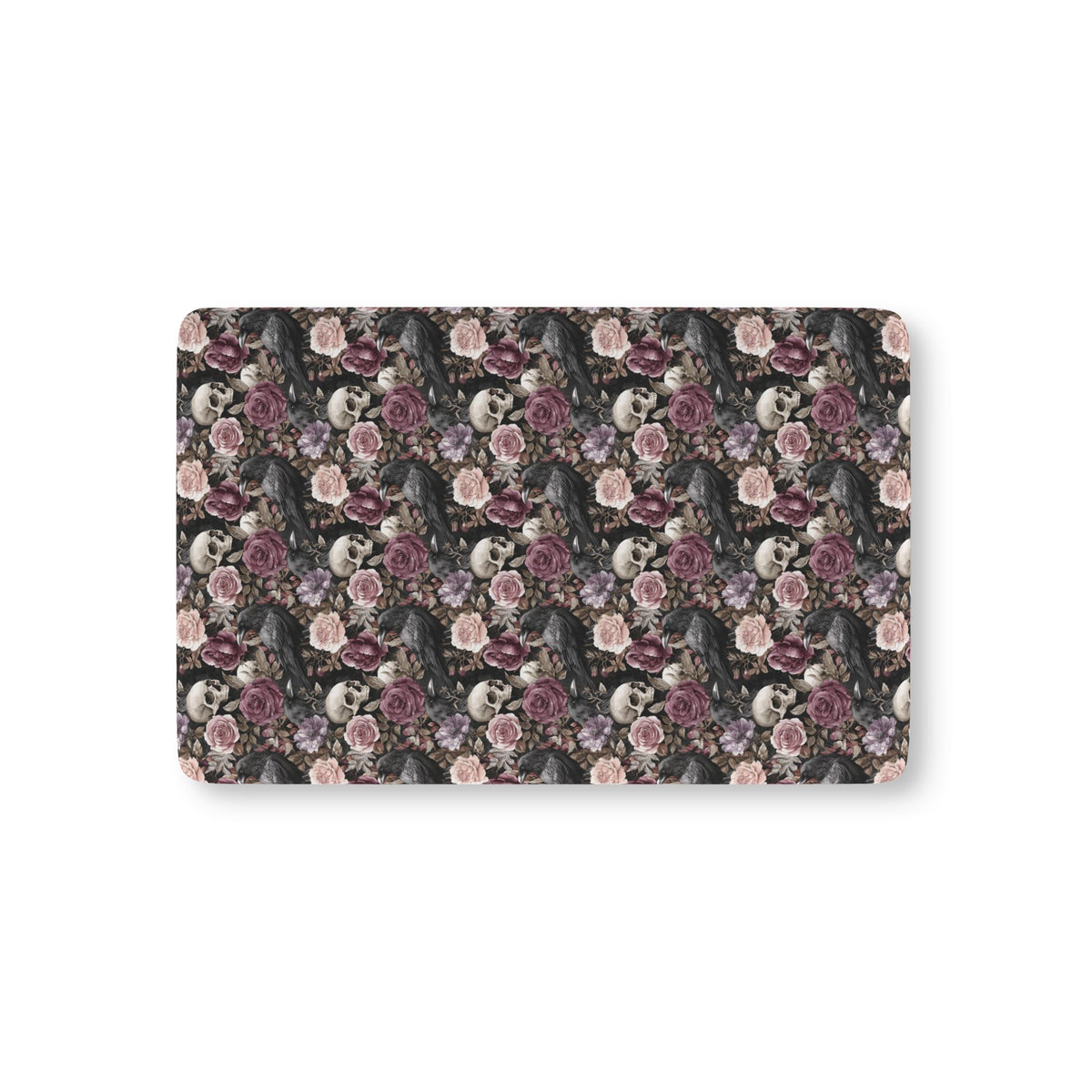 Skull Rose Crib Sheet laid flat in Mini size with skulls, ravens and dusky roses on black
