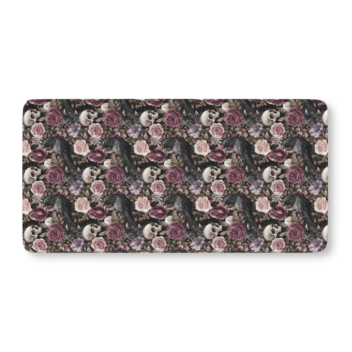 Skull Rose Crib Sheet laid flat in Standard size with skulls, ravens and dusky roses on black