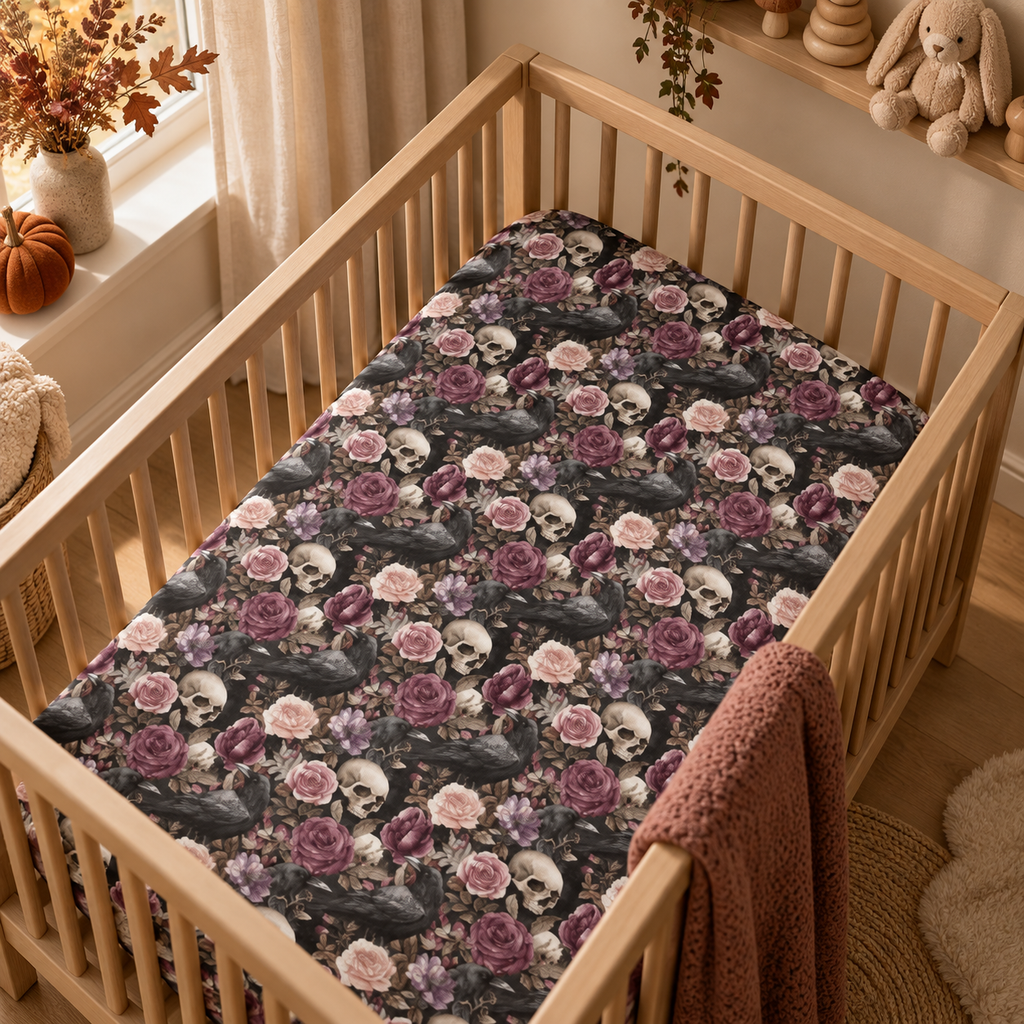 Skull Rose Crib Sheet on a wooden crib mattress in a gothic nursery