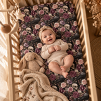 Smiling baby lying on the Skull Rose Crib Sheet