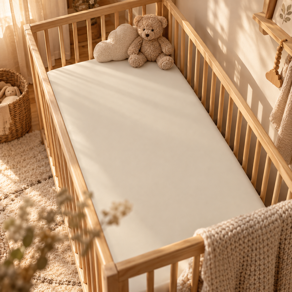 Solid Beige Crib Sheet on a wooden crib mattress in a neutral nursery