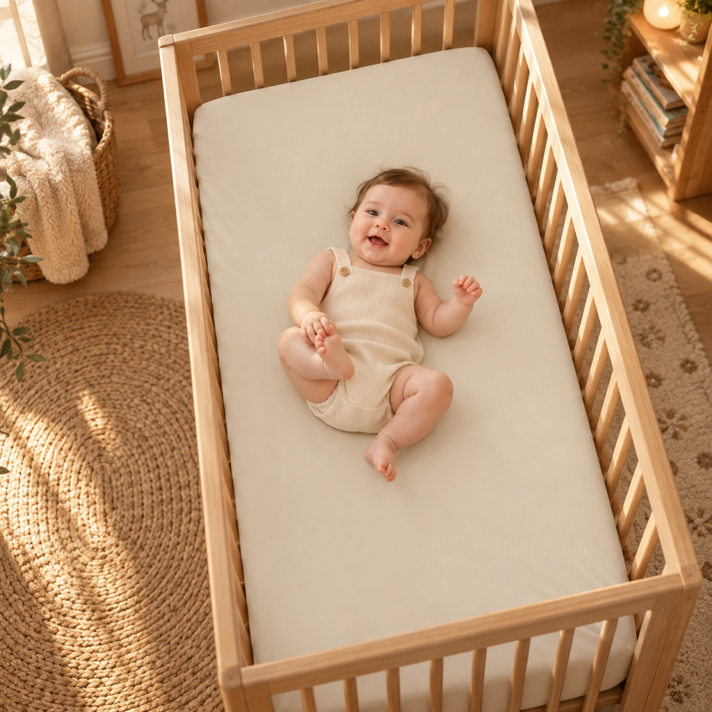 Smiling baby lying on the Solid Beige Crib Sheet