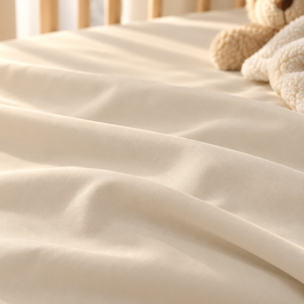 Close-up of the Solid Beige Crib Sheet fabric in a plain warm beige