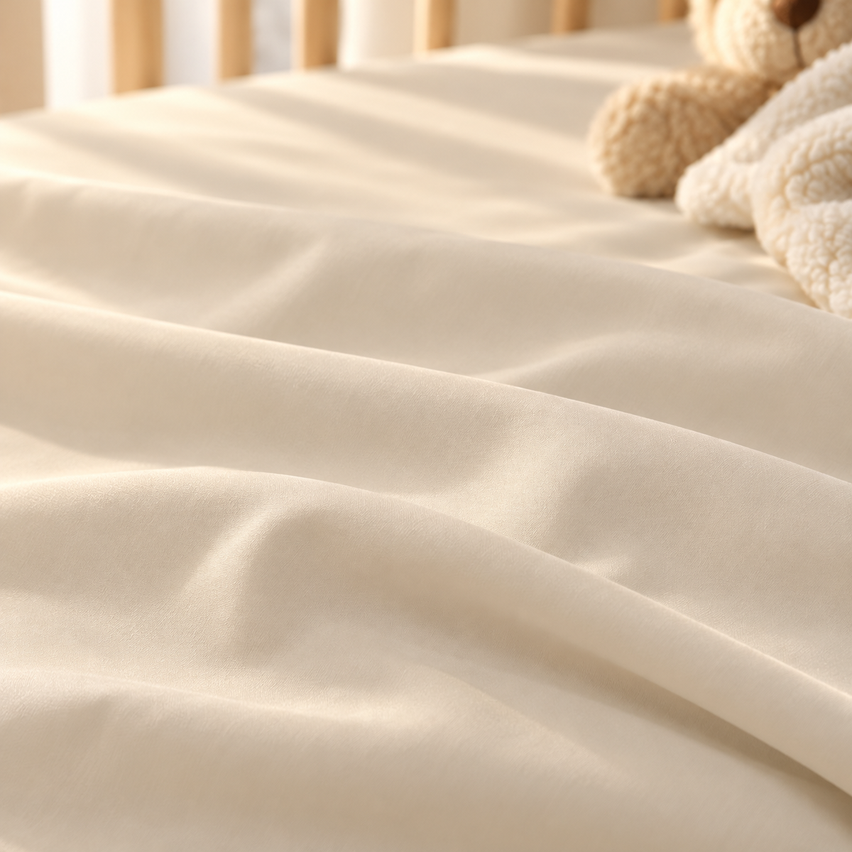 Close-up of the Solid Beige Crib Sheet fabric in a plain warm beige