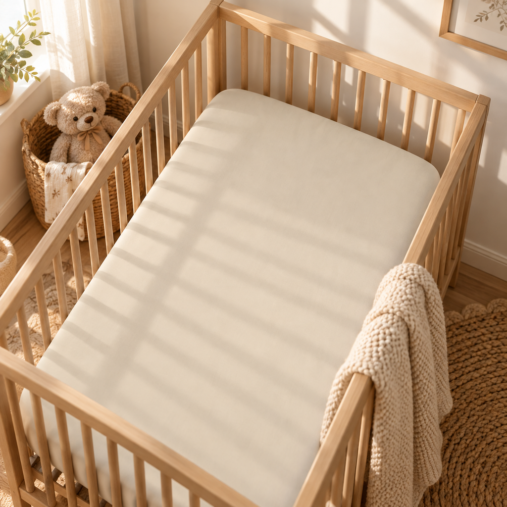 Solid Beige Crib Sheet fitted in a wooden crib with a plush toy