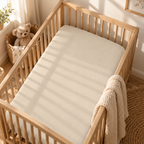 Solid Beige Crib Sheet fitted in a wooden crib with a plush toy