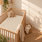 Solid Beige Crib Sheet in a wooden crib in a sunlit nursery