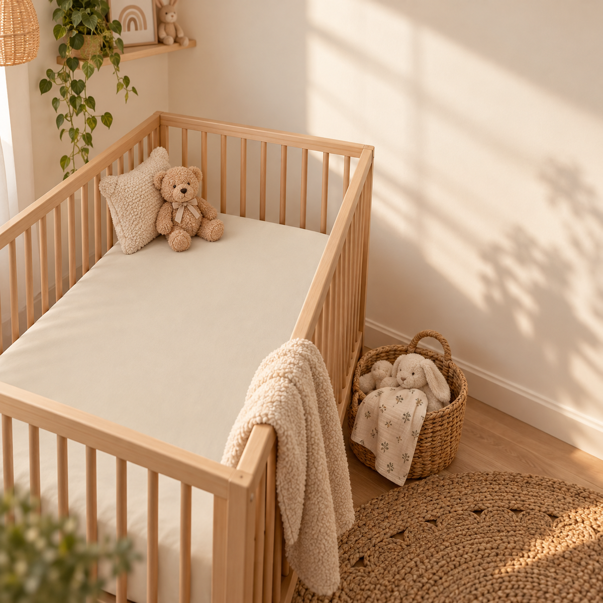 Solid Beige Crib Sheet in a wooden crib in a sunlit nursery