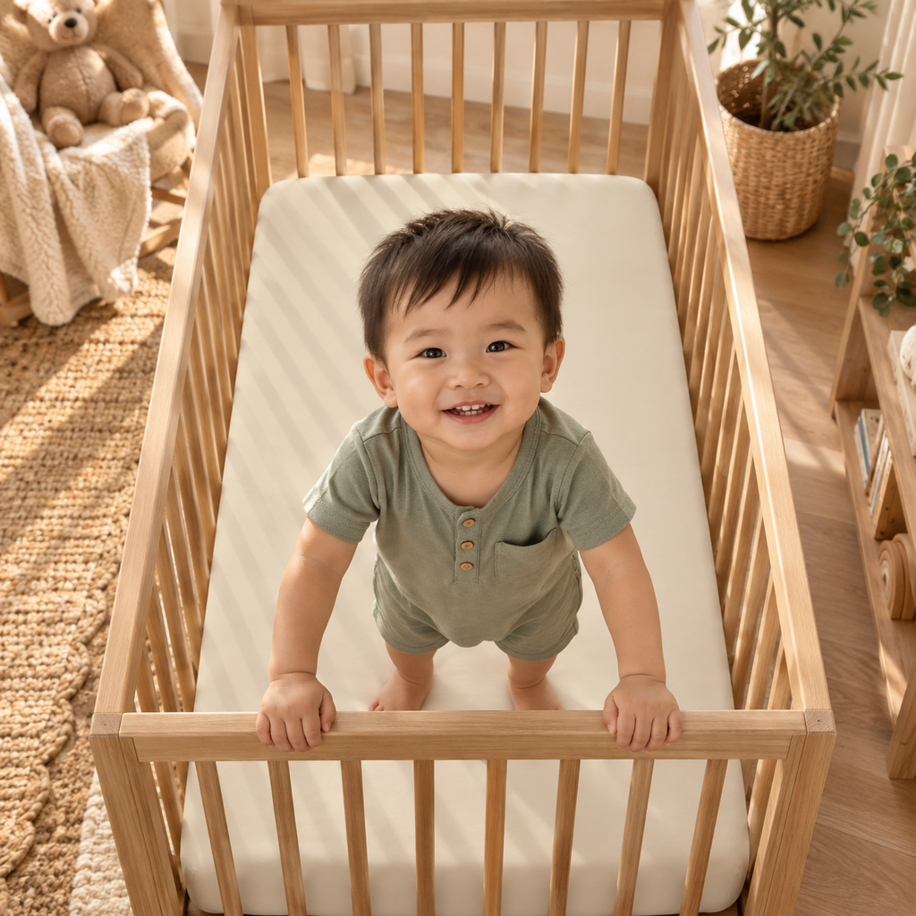 Toddler standing in a crib fitted with the Solid Beige Crib Sheet