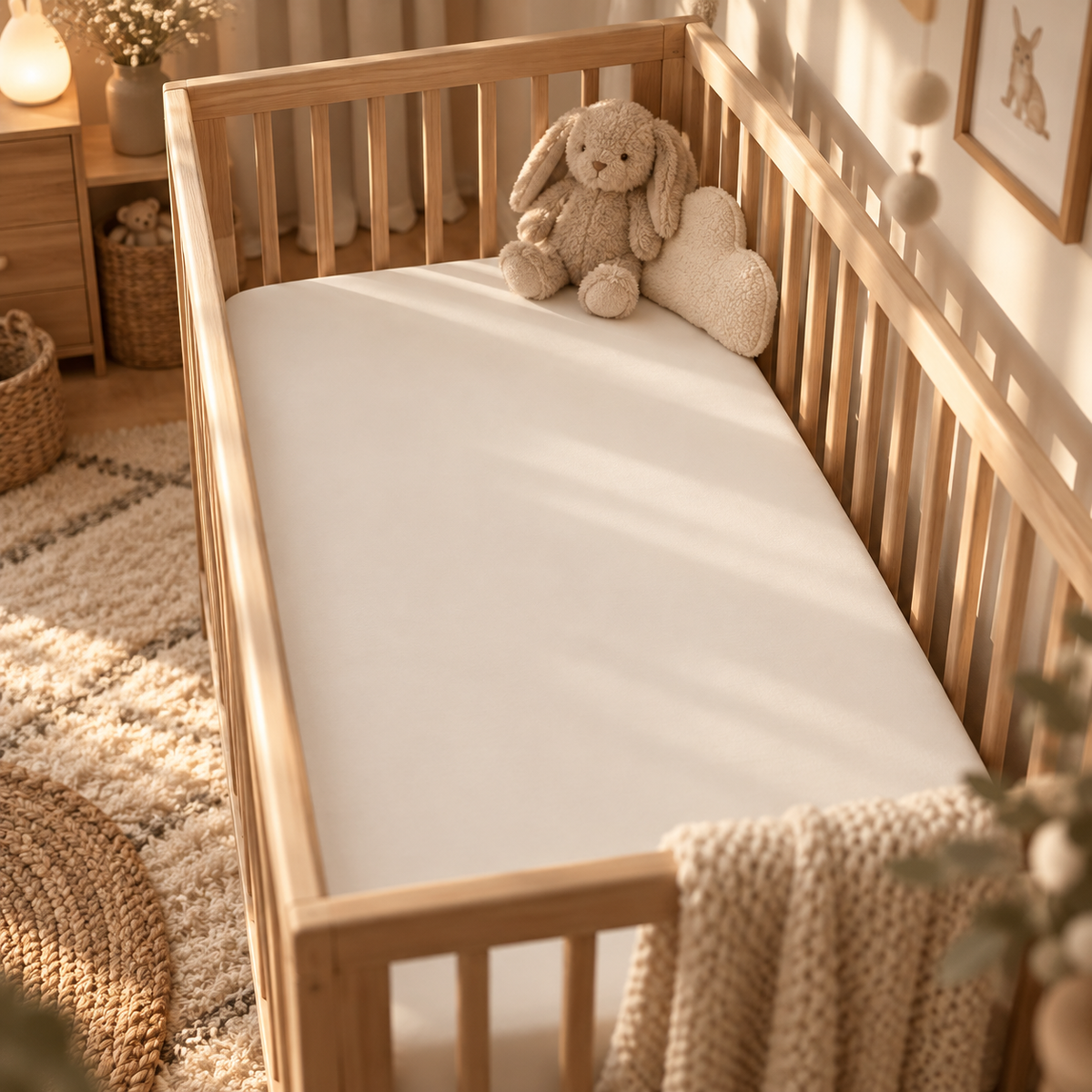 Solid Ivory Crib Sheet on a wooden crib mattress in a neutral nursery