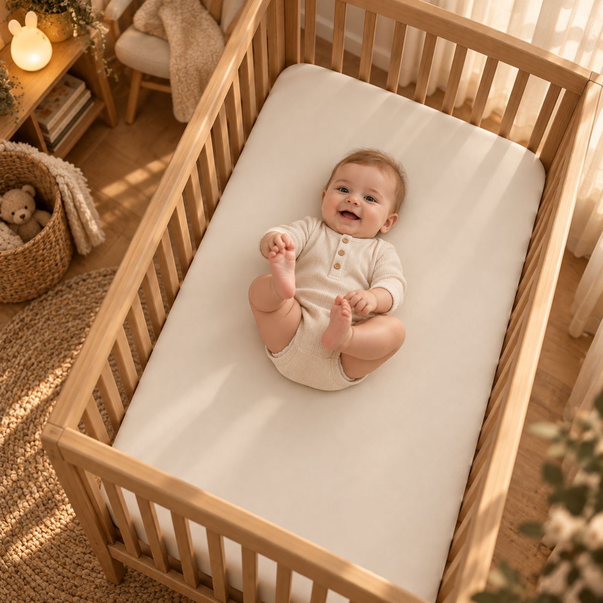 Smiling baby lying on the Solid Ivory Crib Sheet