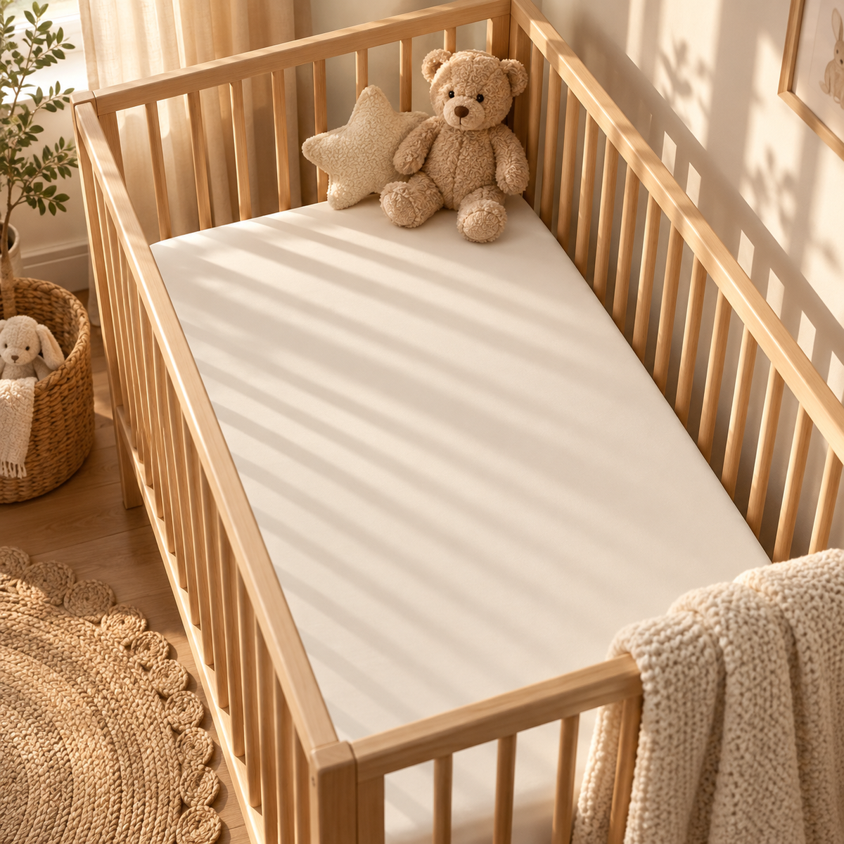 Solid Ivory Crib Sheet fitted in a wooden crib with a plush toy