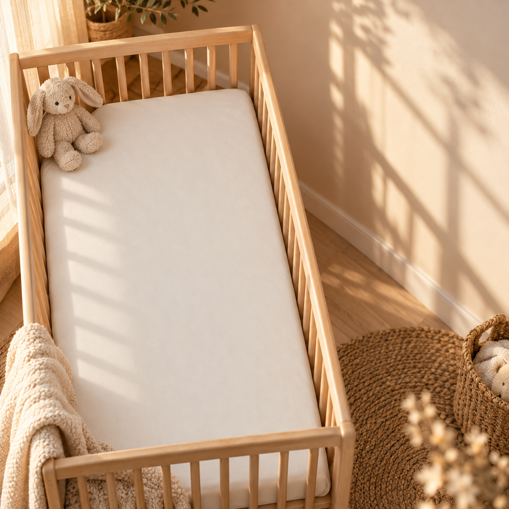 Solid Ivory Crib Sheet in a wooden crib in a sunlit nursery