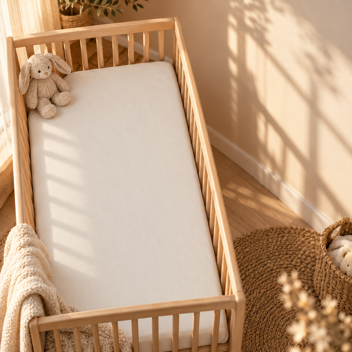 Solid Ivory Crib Sheet in a wooden crib in a sunlit nursery