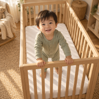 Toddler standing in a crib fitted with the Solid Ivory Crib Sheet
