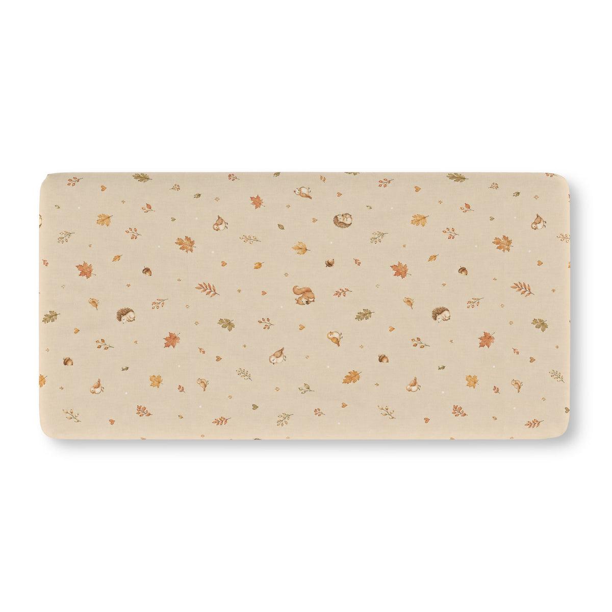 Squirrel Woodland Crib Sheet laid flat in Standard size with tiny squirrels, hedgehogs and autumn leaves on beige