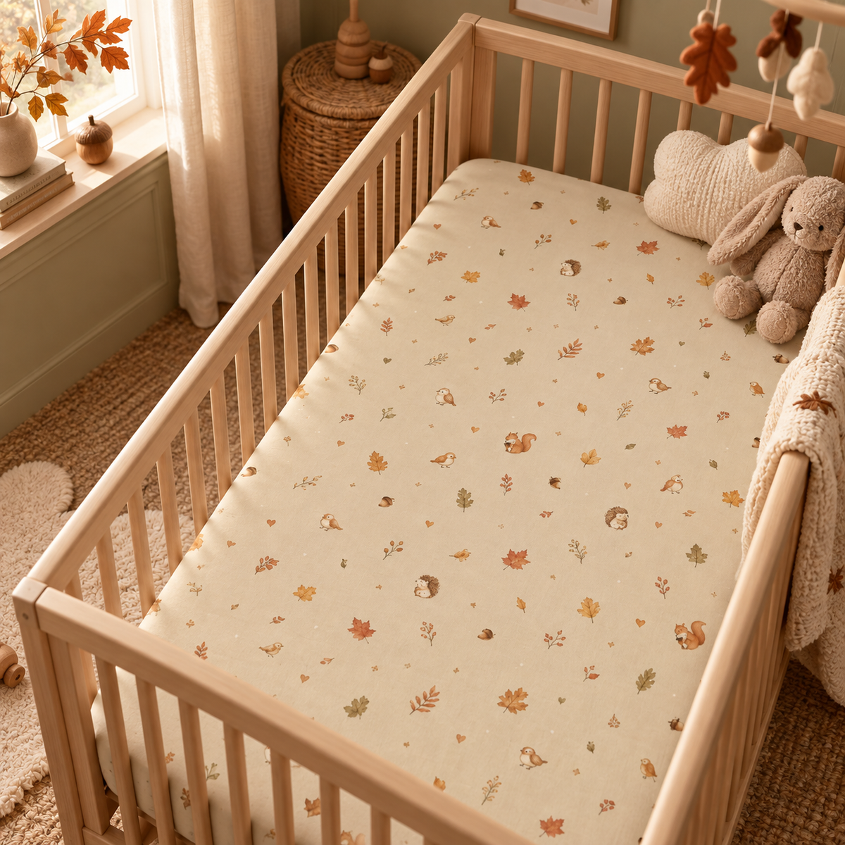 Squirrel Woodland Crib Sheet on a wooden crib mattress in a woodland nursery