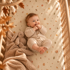 Smiling baby lying on the Squirrel Woodland Crib Sheet