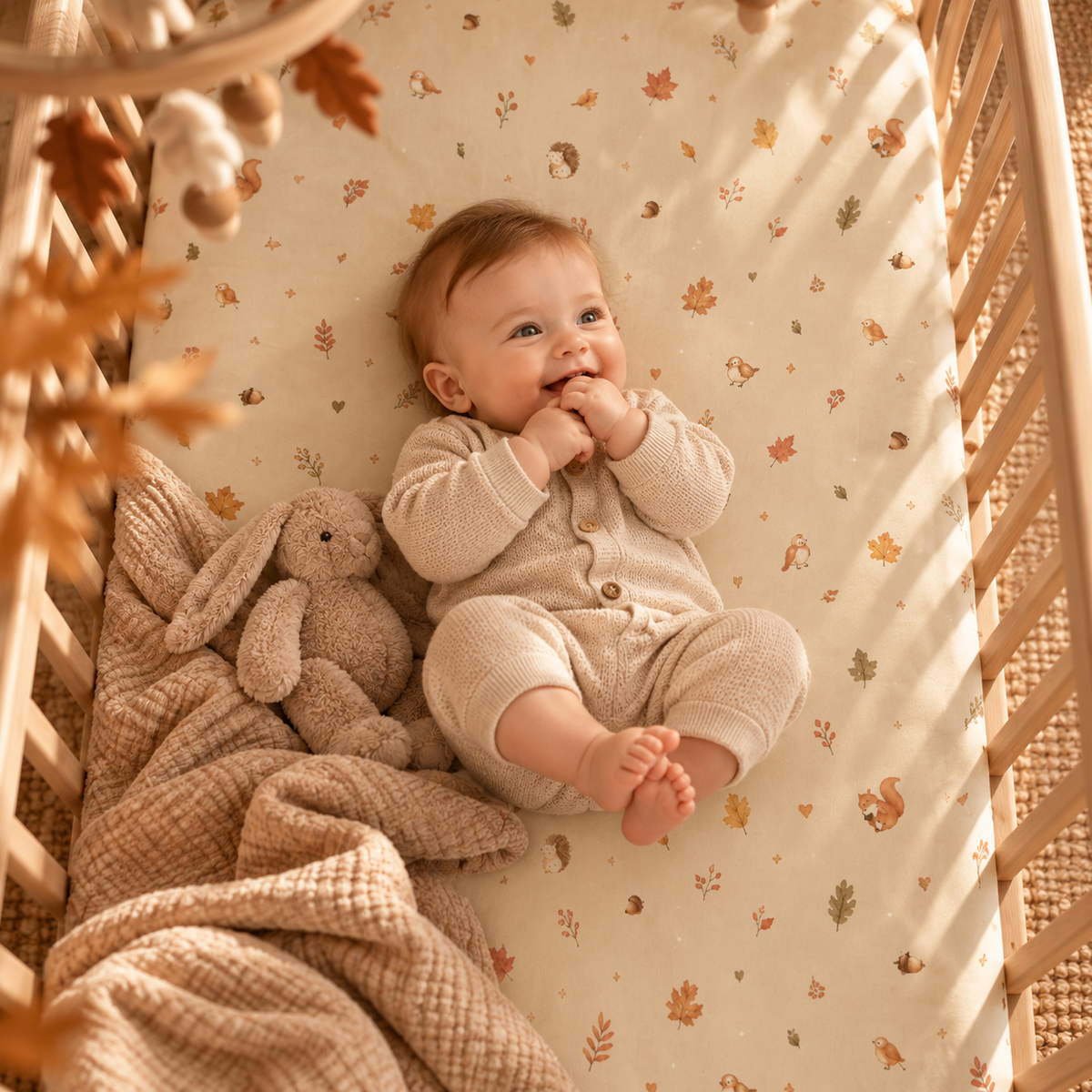 Smiling baby lying on the Squirrel Woodland Crib Sheet