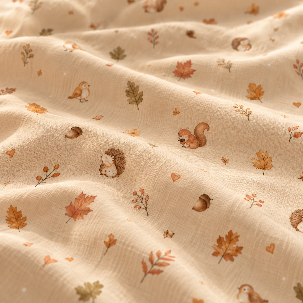 Close-up of the Squirrel Woodland Crib Sheet fabric showing tiny squirrels, hedgehogs and autumn leaves on beige