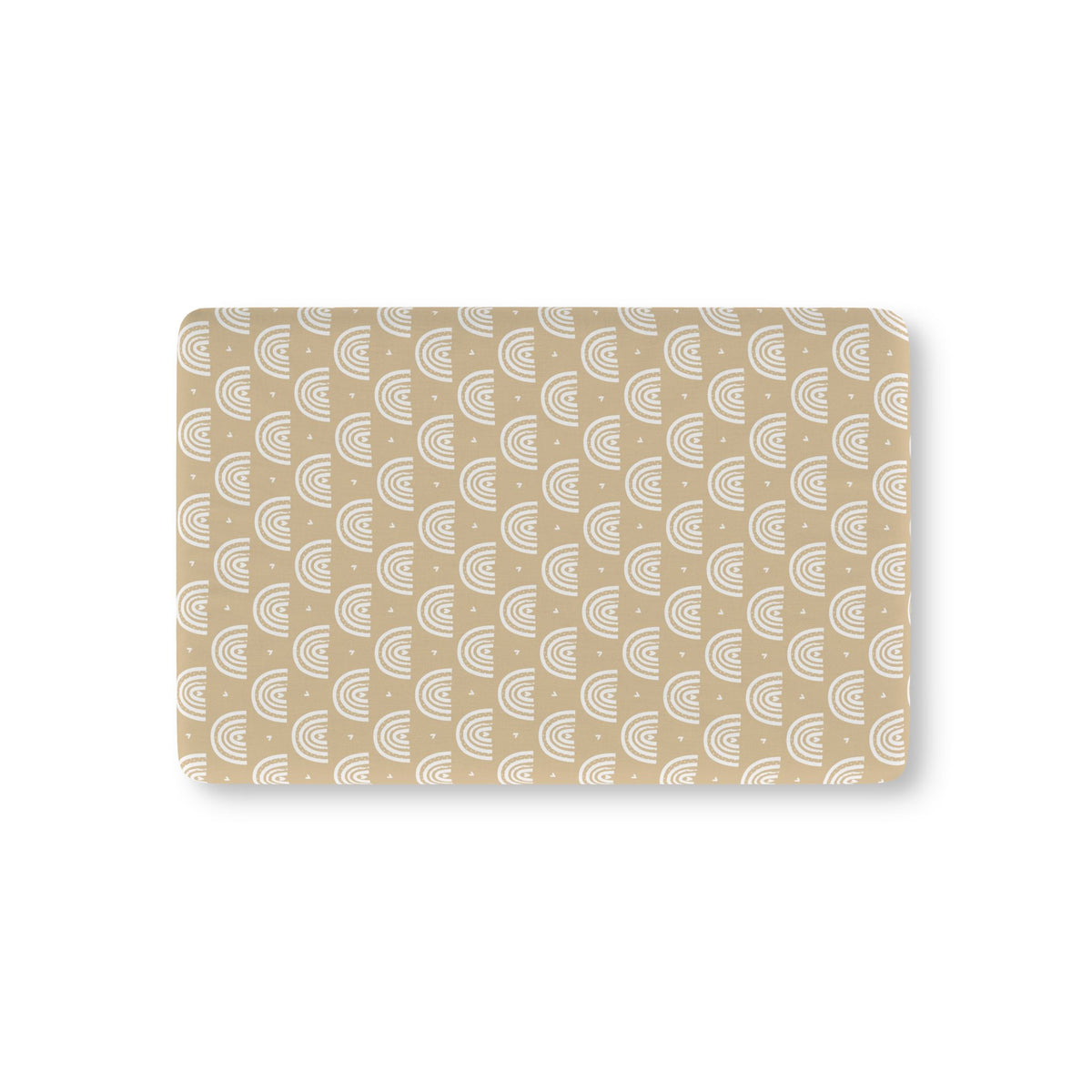 Tan Boho Rainbow Crib Sheet laid flat in Mini size with white rainbow arches on tan