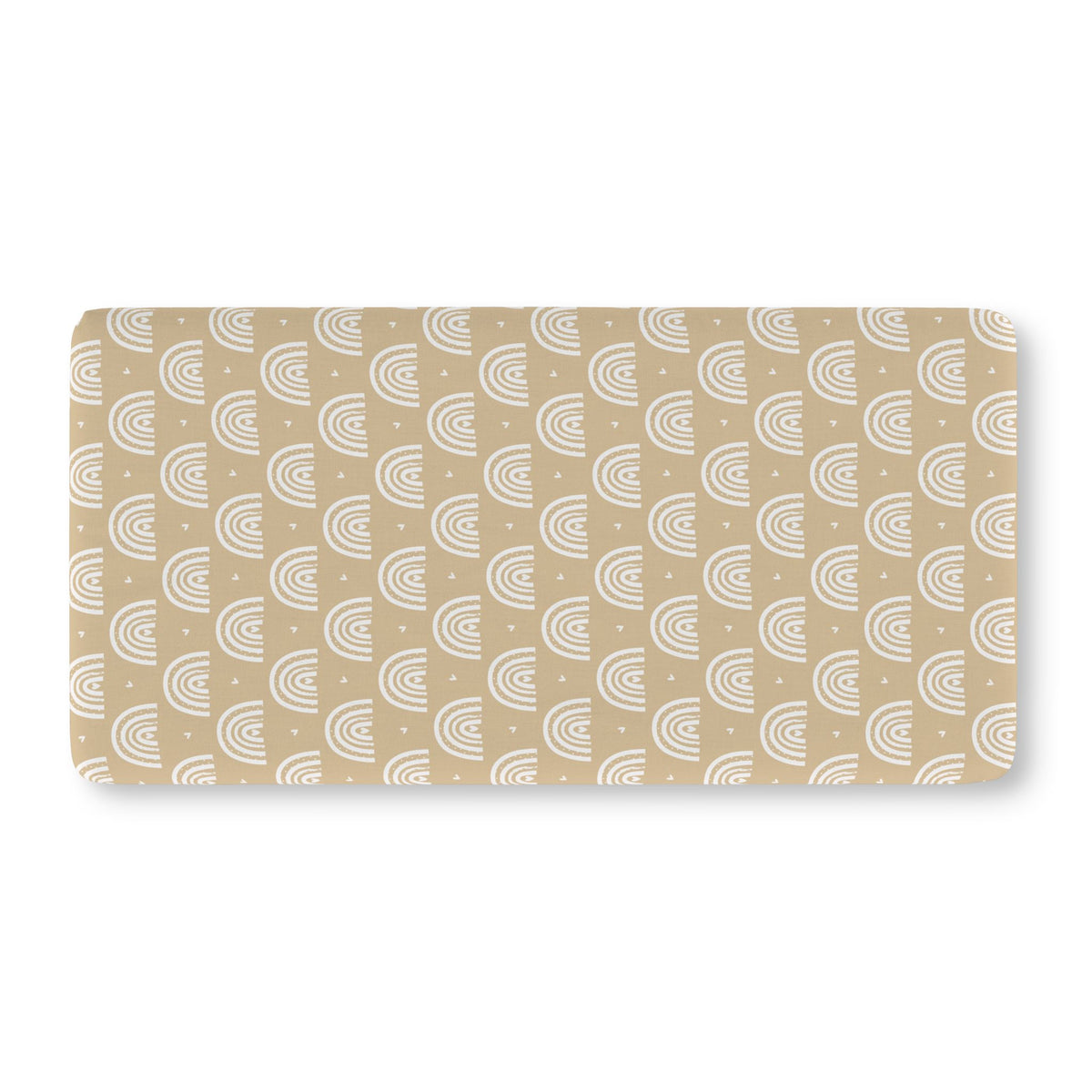 Tan Boho Rainbow Crib Sheet laid flat in Standard size with white rainbow arches on tan