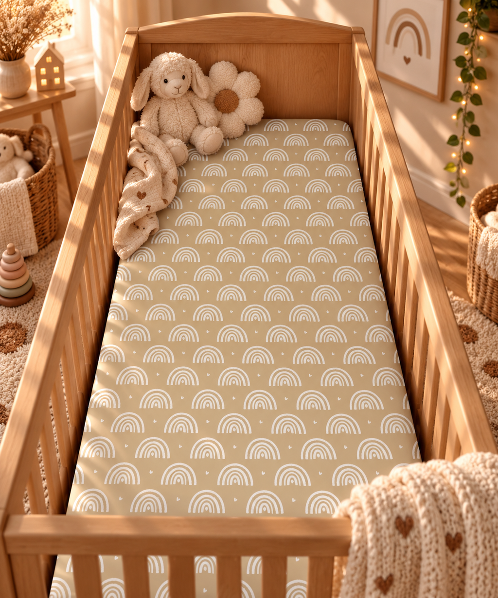 Tan Boho Rainbow Crib Sheet on a wooden crib mattress in a boho nursery