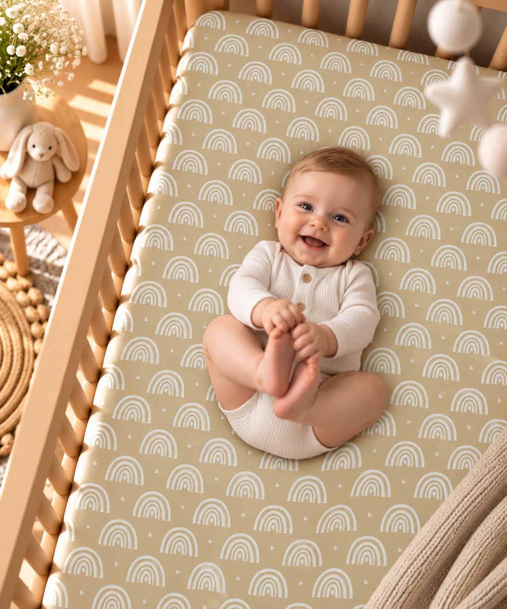 Smiling baby lying on the Tan Boho Rainbow Crib Sheet