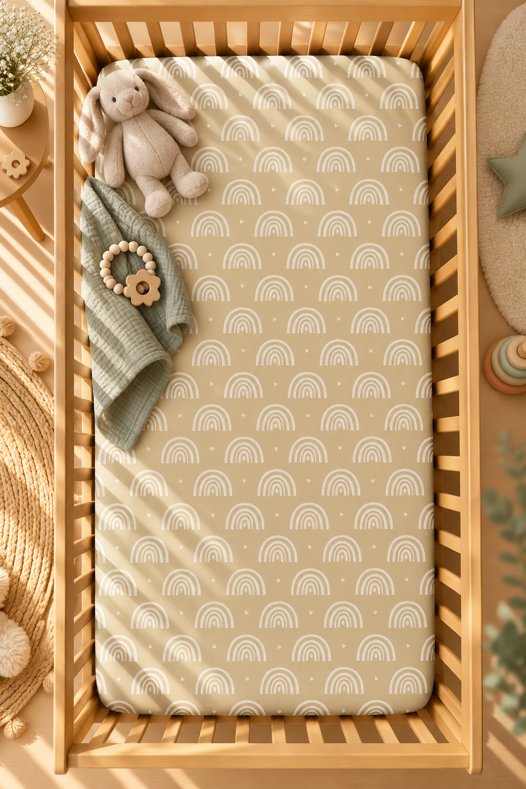 Tan Boho Rainbow Crib Sheet seen from above in a wooden crib