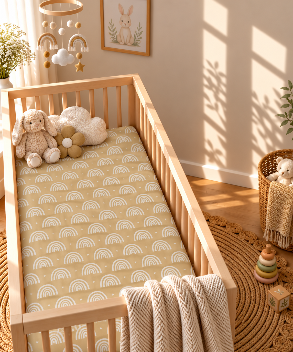 Tan Boho Rainbow Crib Sheet in a wooden crib in a sunlit nursery