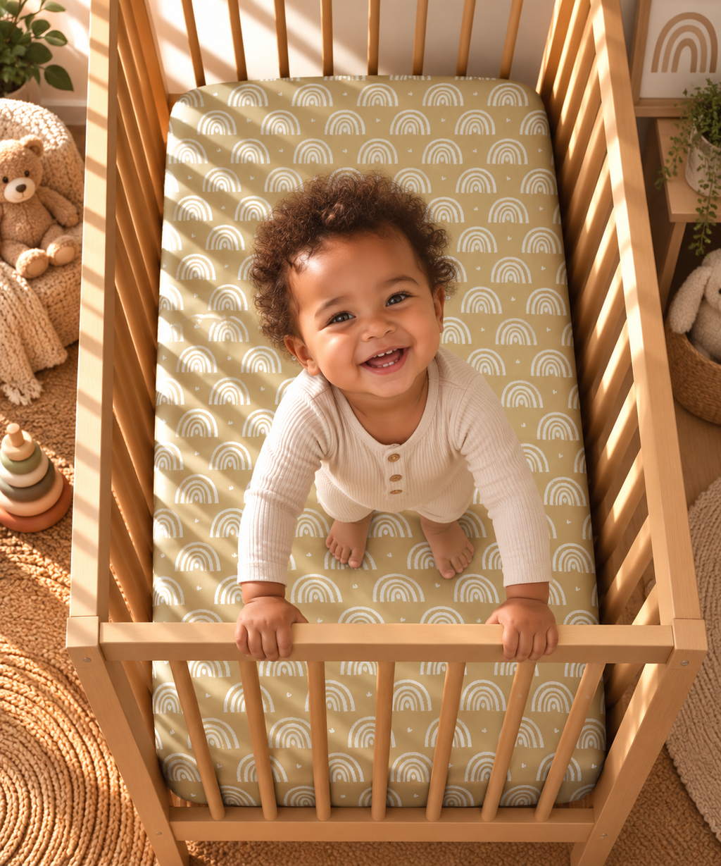 Toddler standing in a crib fitted with the Tan Boho Rainbow Crib Sheet