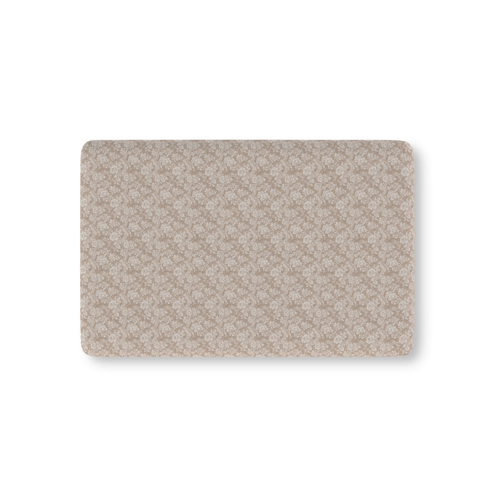 Taupe Lace Floral Crib Sheet laid flat in Mini size with white lace style roses on taupe