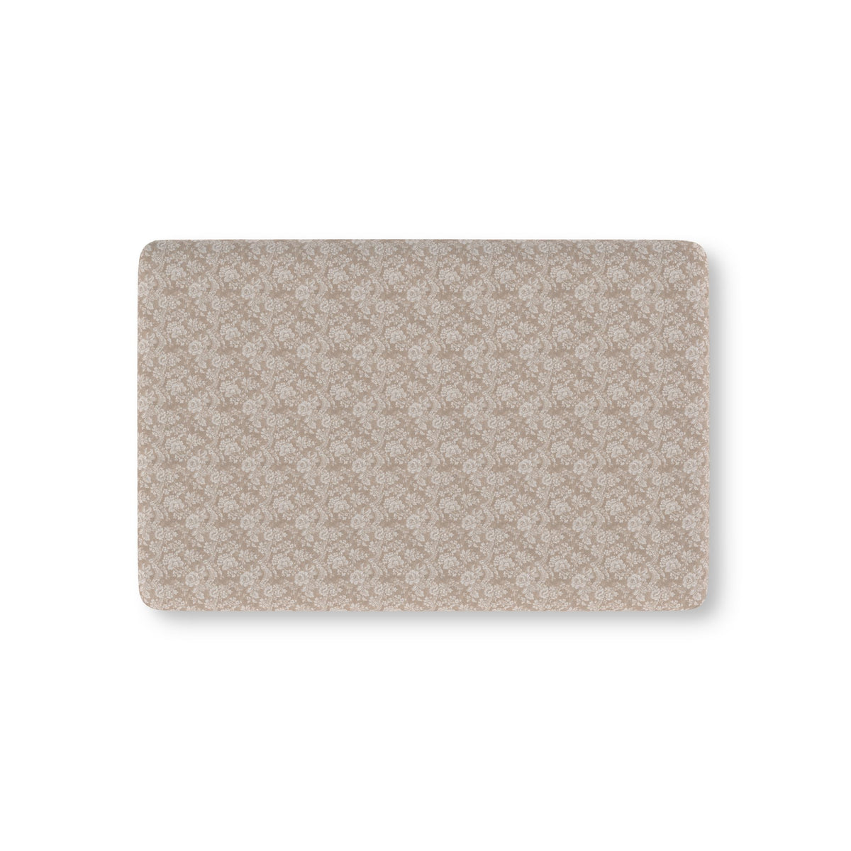 Taupe Lace Floral Crib Sheet laid flat in Mini size with white lace style roses on taupe