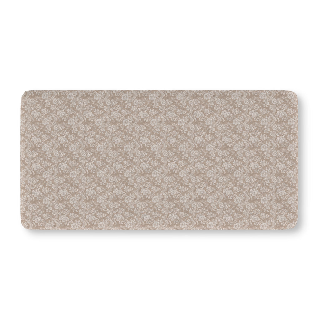 Taupe Lace Floral Crib Sheet laid flat in Standard size with white lace style roses on taupe