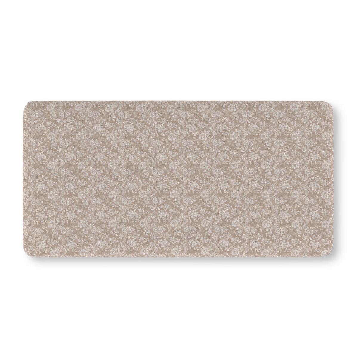 Taupe Lace Floral Crib Sheet laid flat in Standard size with white lace style roses on taupe