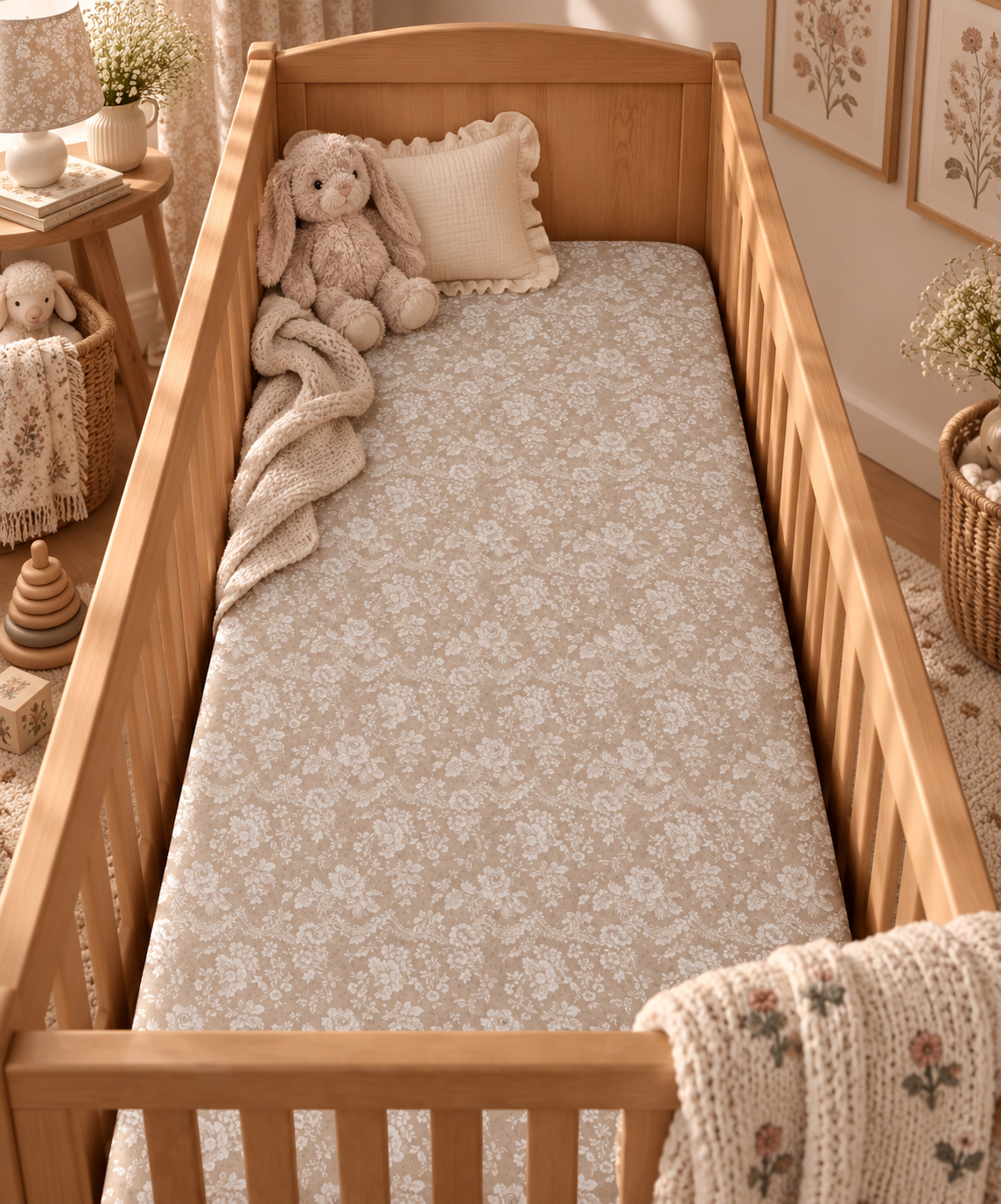 Taupe Lace Floral Crib Sheet on a wooden crib mattress in a neutral nursery