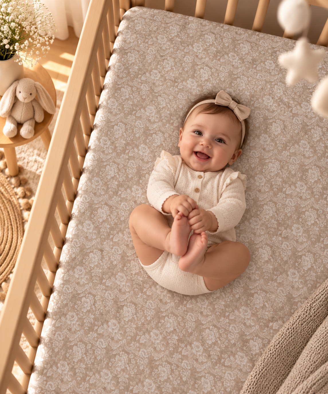 Smiling baby lying on the Taupe Lace Floral Crib Sheet