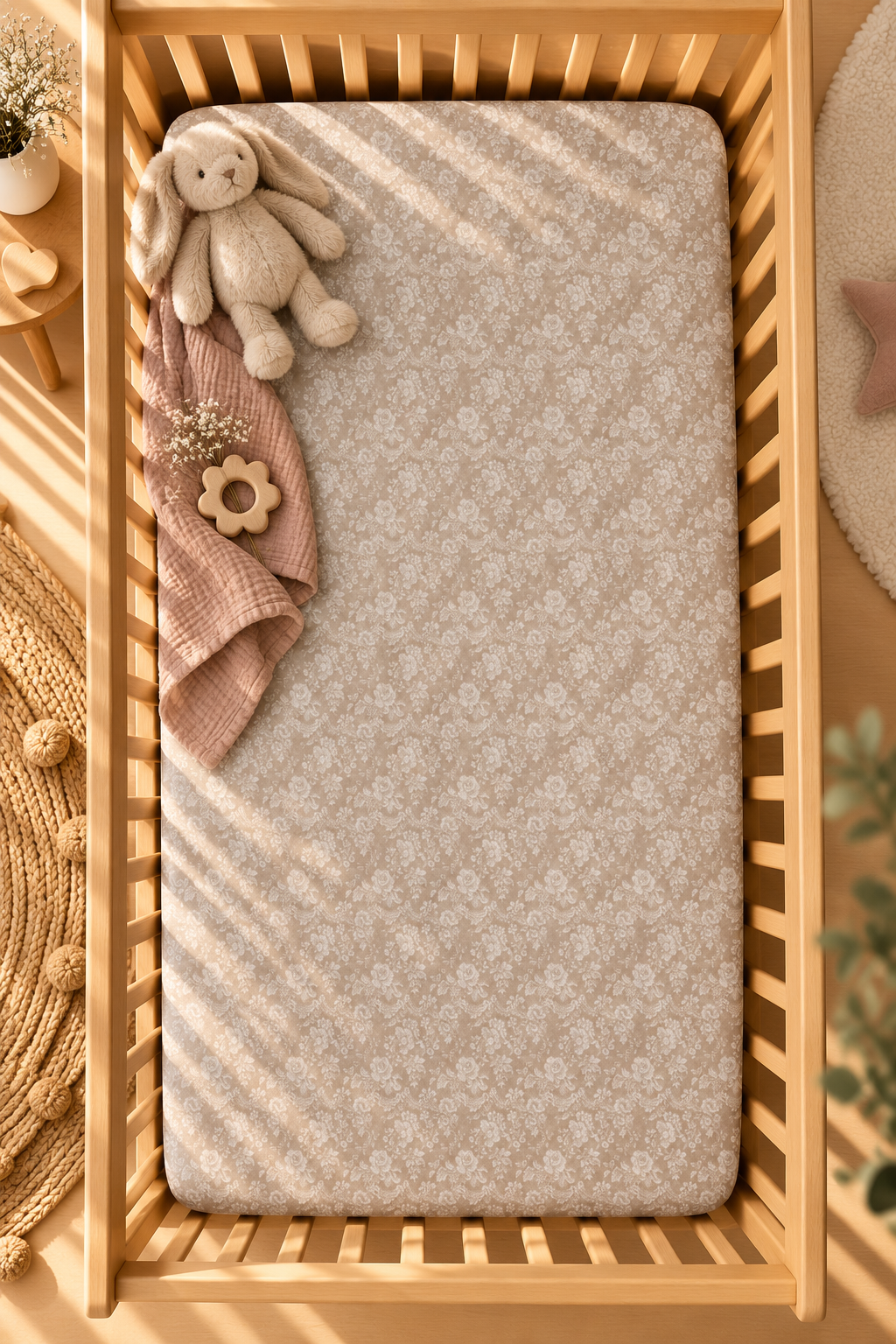 Taupe Lace Floral Crib Sheet seen from above in a wooden crib